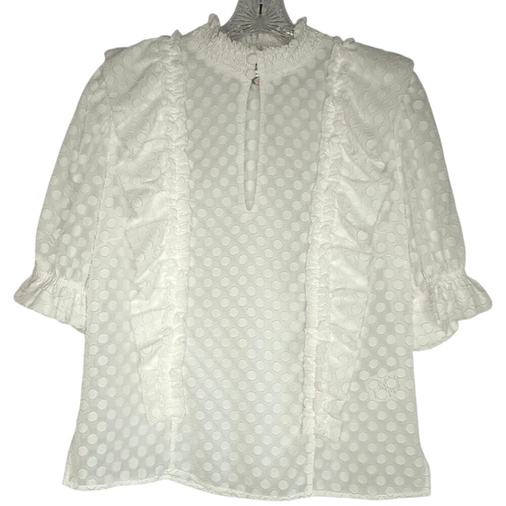 Coolrated Miami White Swiss Dot Blouse High Collar & Ruffles Medium Cottagecore